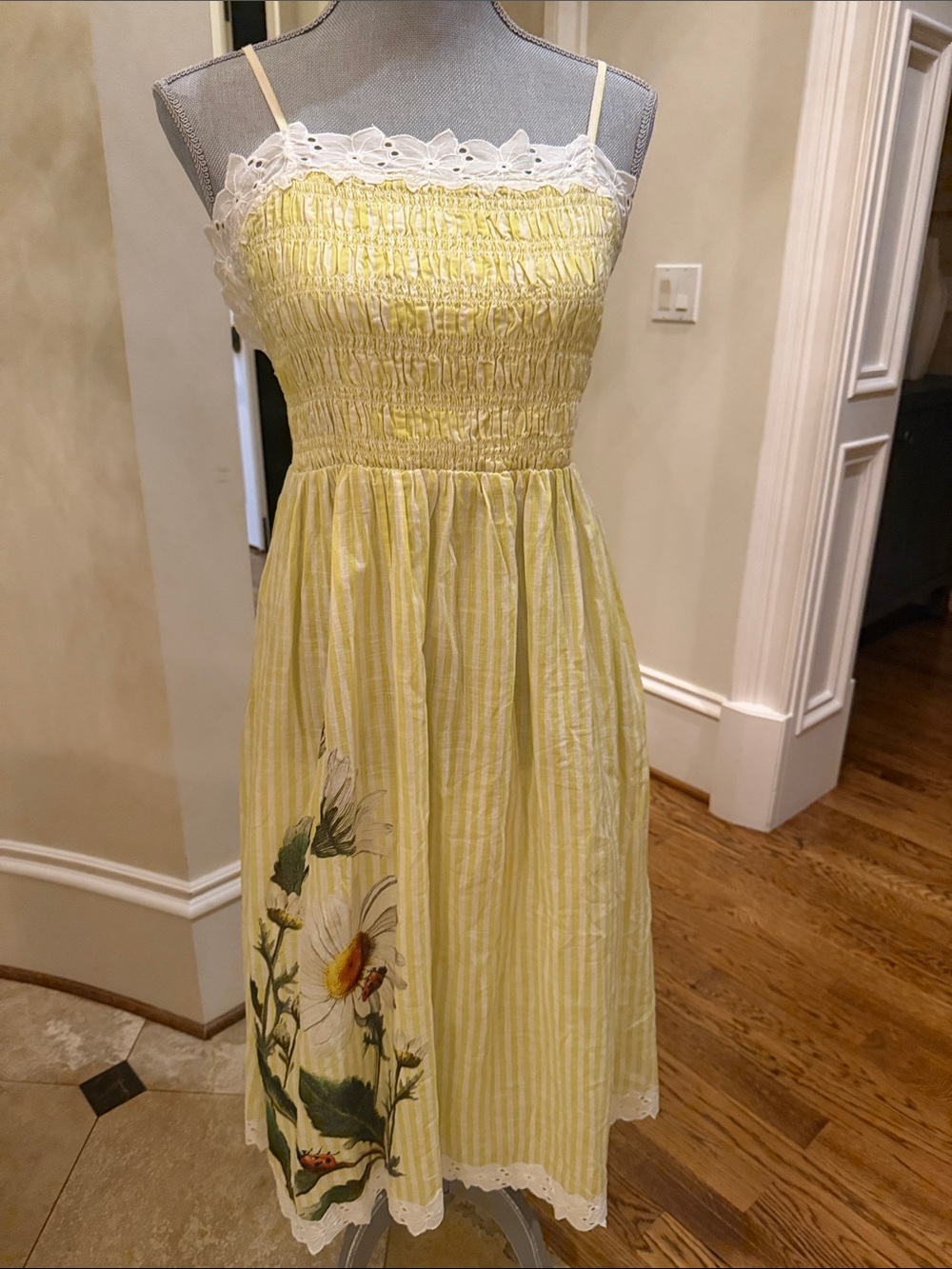 Yellow Striped Floral Sundress with Lace Trim SZ S